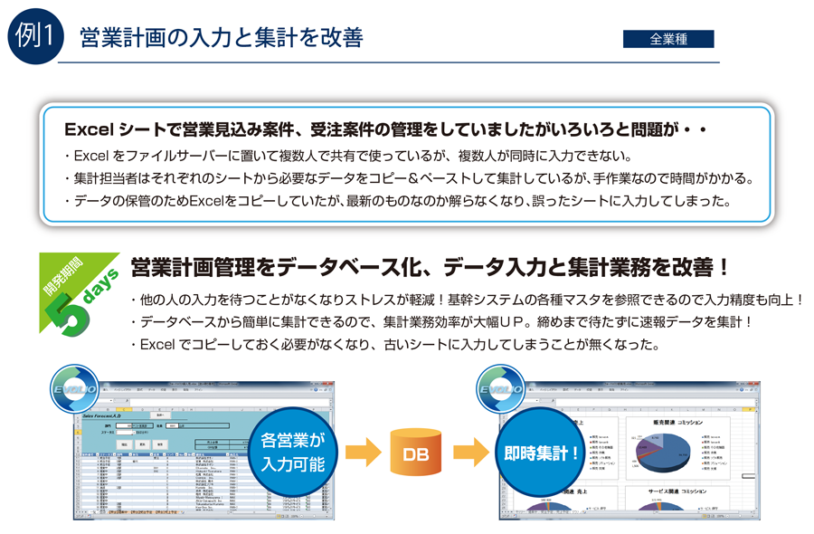 営業計画管理をデータベース化、データ入力と集計業務を改善！（5週間）